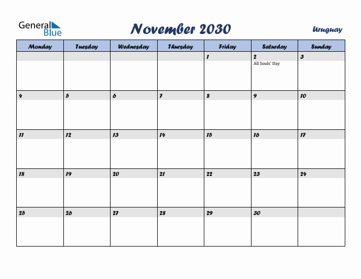 November 2030 Calendar with Holidays in Uruguay