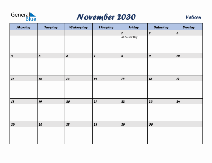 November 2030 Calendar with Holidays in Vatican