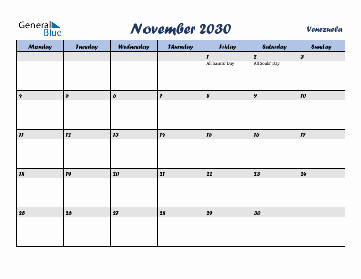 November 2030 Calendar with Holidays in Venezuela