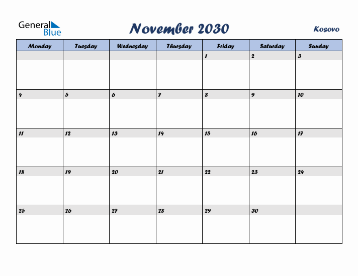 November 2030 Calendar with Holidays in Kosovo