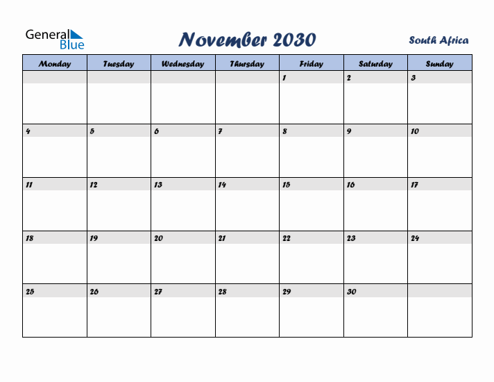 November 2030 Calendar with Holidays in South Africa