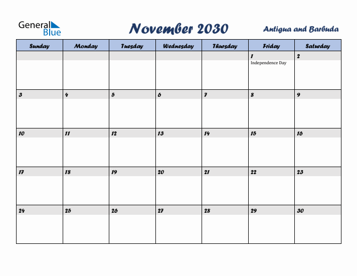 November 2030 Calendar with Holidays in Antigua and Barbuda