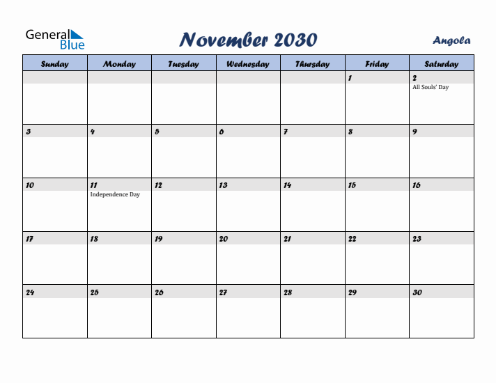 November 2030 Calendar with Holidays in Angola