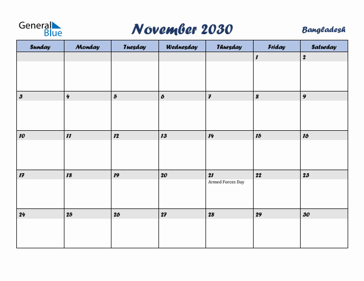 November 2030 Calendar with Holidays in Bangladesh