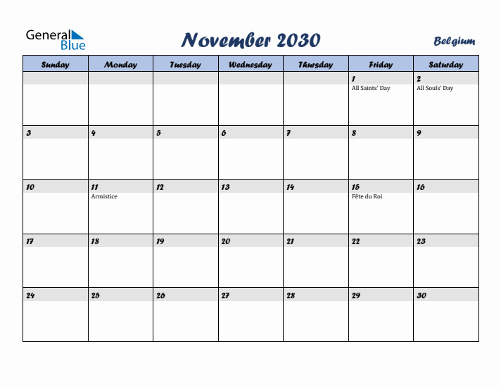 November 2030 Calendar with Holidays in Belgium