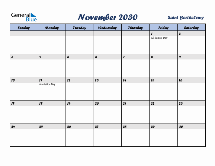 November 2030 Calendar with Holidays in Saint Barthelemy