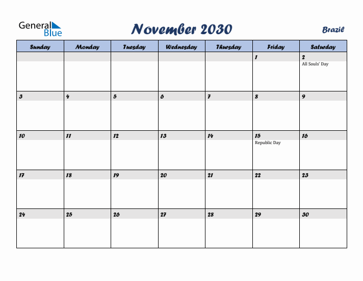 November 2030 Calendar with Holidays in Brazil