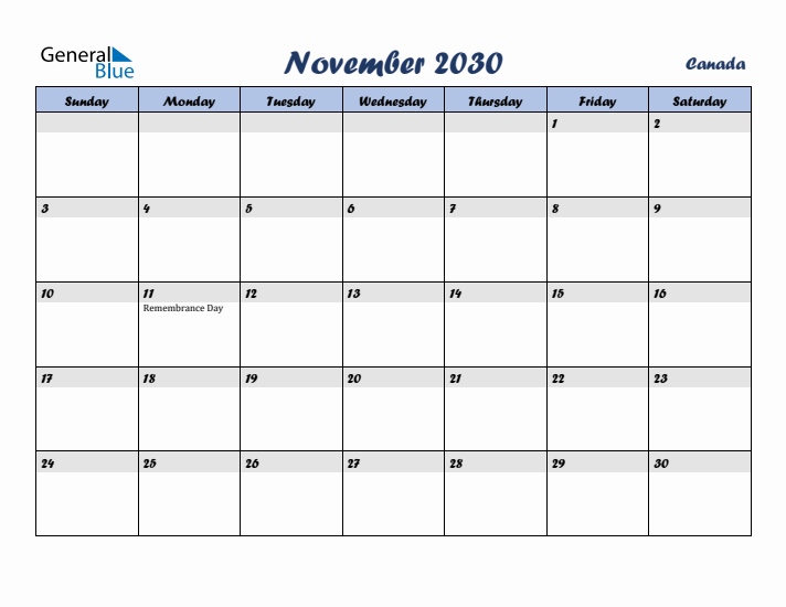 November 2030 Calendar with Holidays in Canada