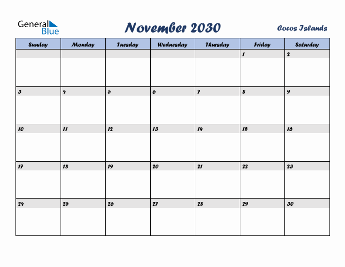 November 2030 Calendar with Holidays in Cocos Islands