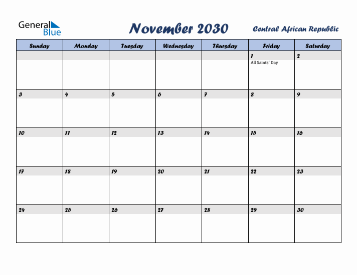 November 2030 Calendar with Holidays in Central African Republic