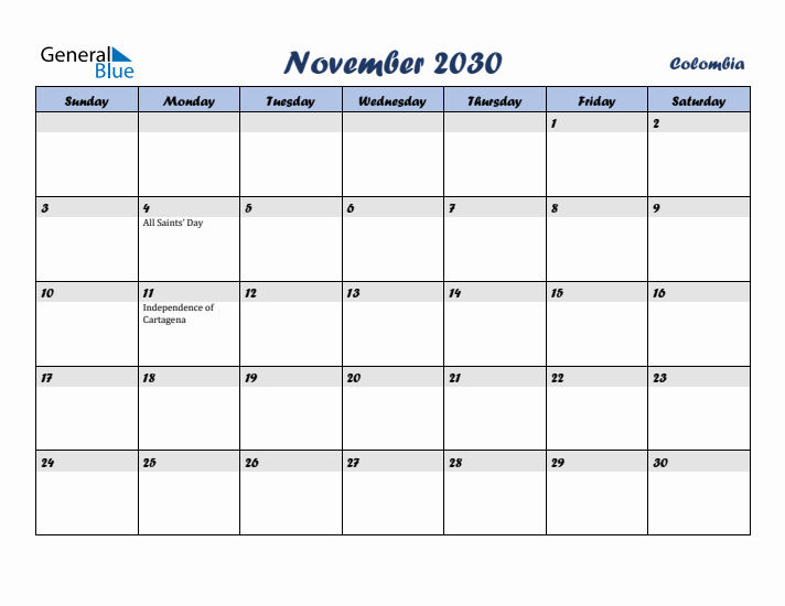 November 2030 Calendar with Holidays in Colombia