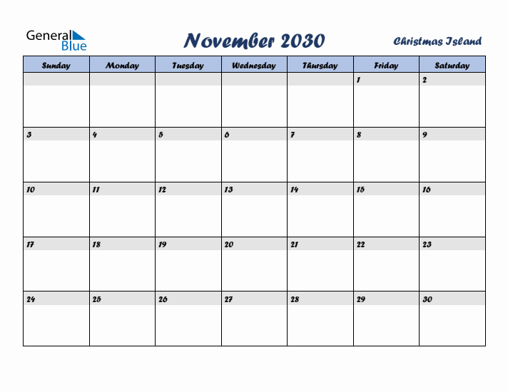 November 2030 Calendar with Holidays in Christmas Island