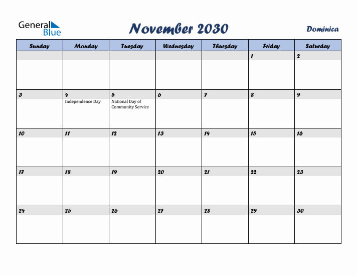 November 2030 Calendar with Holidays in Dominica