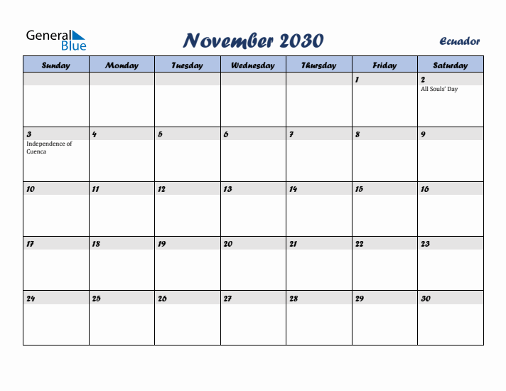 November 2030 Calendar with Holidays in Ecuador