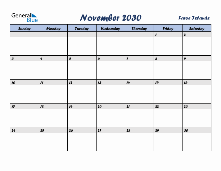 November 2030 Calendar with Holidays in Faroe Islands