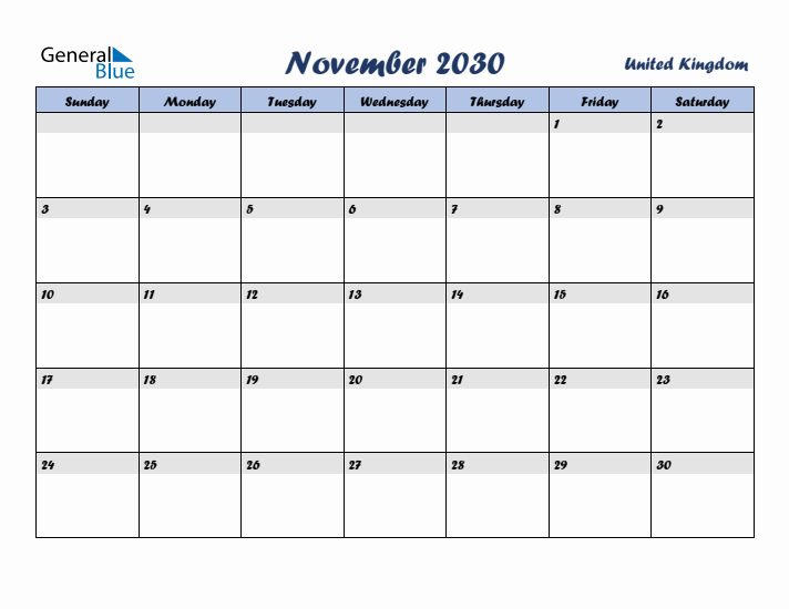 November 2030 Calendar with Holidays in United Kingdom