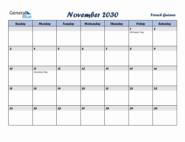 November 2030 Calendar with Holidays in French Guiana
