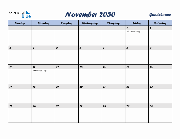 November 2030 Calendar with Holidays in Guadeloupe