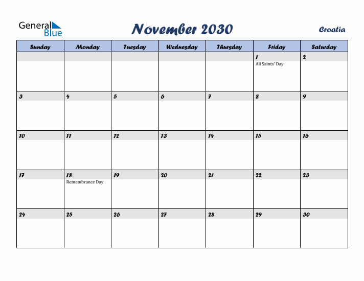 November 2030 Calendar with Holidays in Croatia