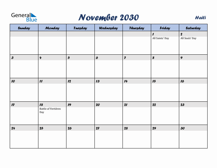 November 2030 Calendar with Holidays in Haiti