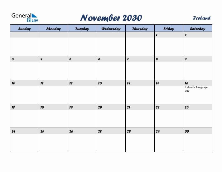 November 2030 Calendar with Holidays in Iceland