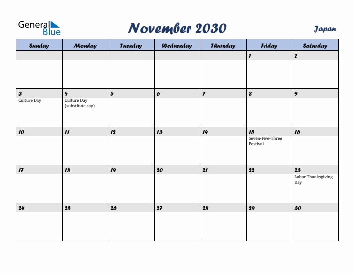 November 2030 Calendar with Holidays in Japan