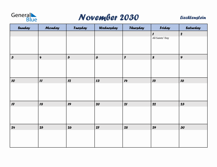 November 2030 Calendar with Holidays in Liechtenstein