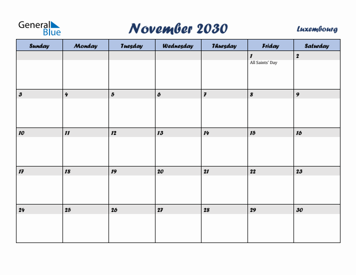 November 2030 Calendar with Holidays in Luxembourg