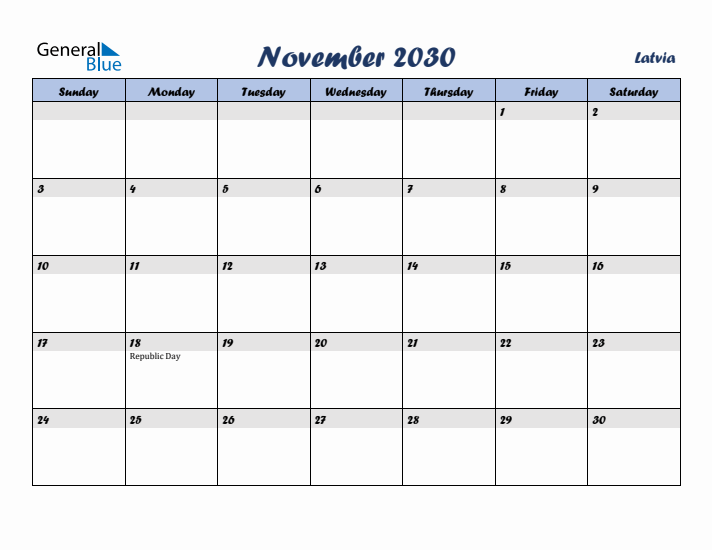 November 2030 Calendar with Holidays in Latvia