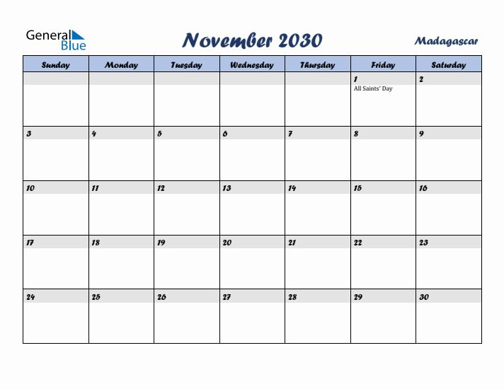 November 2030 Calendar with Holidays in Madagascar