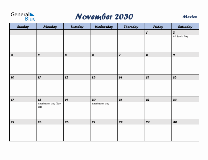 November 2030 Calendar with Holidays in Mexico