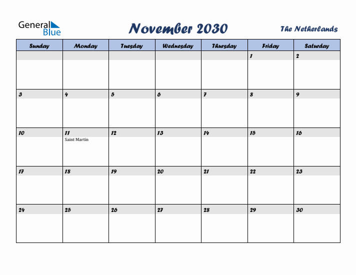 November 2030 Calendar with Holidays in The Netherlands