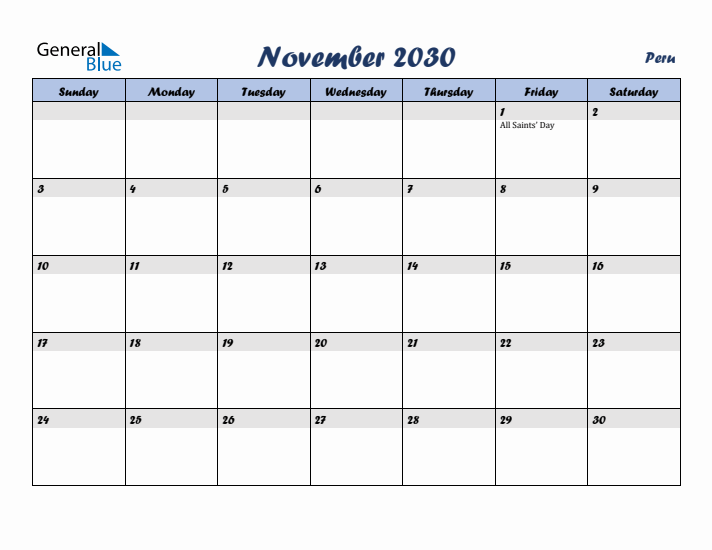 November 2030 Calendar with Holidays in Peru