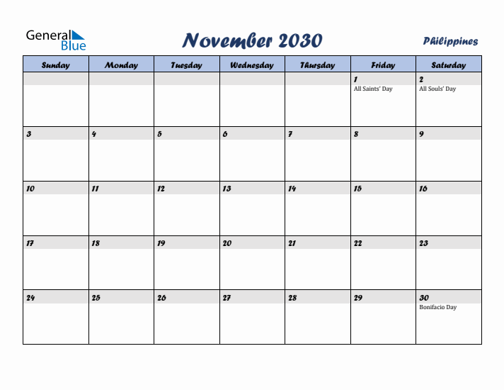 November 2030 Calendar with Holidays in Philippines