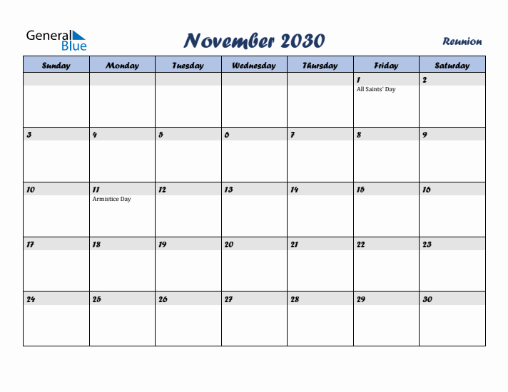 November 2030 Calendar with Holidays in Reunion