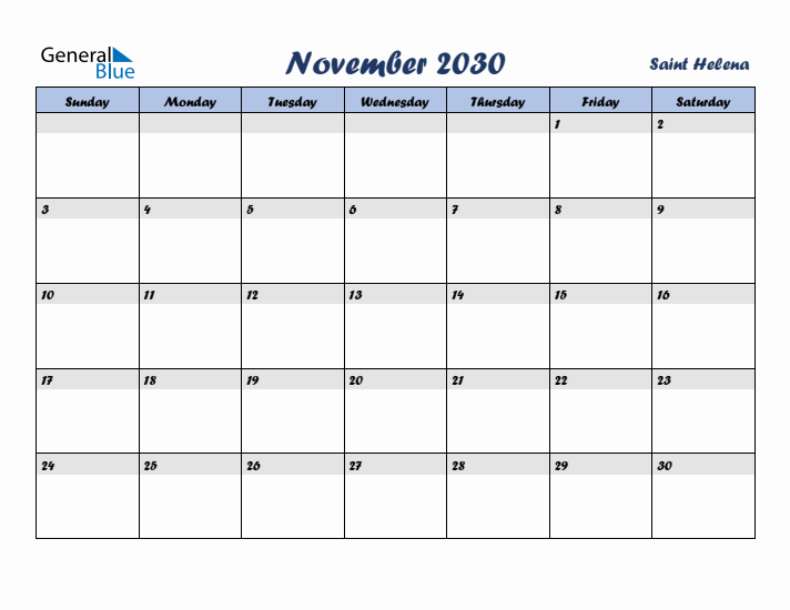 November 2030 Calendar with Holidays in Saint Helena