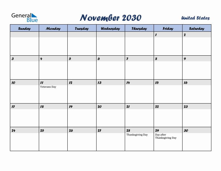 November 2030 Calendar with Holidays in United States