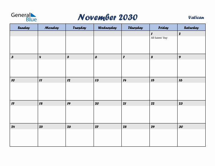 November 2030 Calendar with Holidays in Vatican