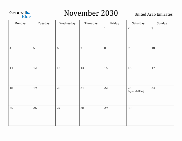 November 2030 Calendar United Arab Emirates