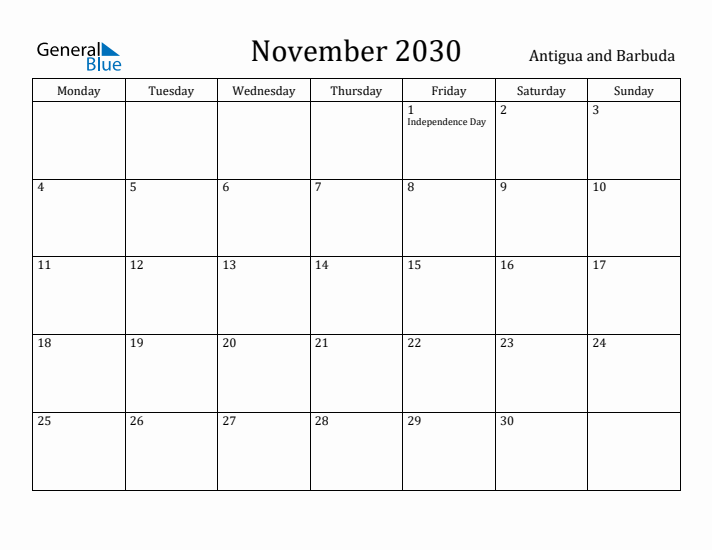 November 2030 Calendar Antigua and Barbuda