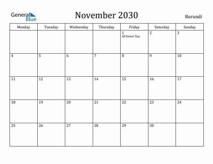 November 2030 Calendar Burundi
