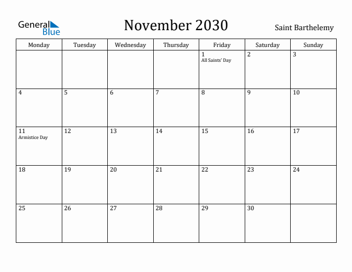 November 2030 Calendar Saint Barthelemy