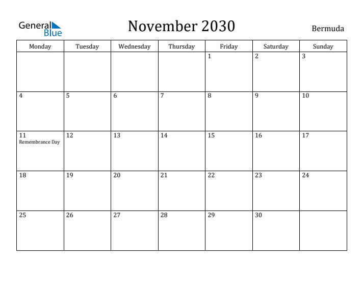 November 2030 Calendar Bermuda