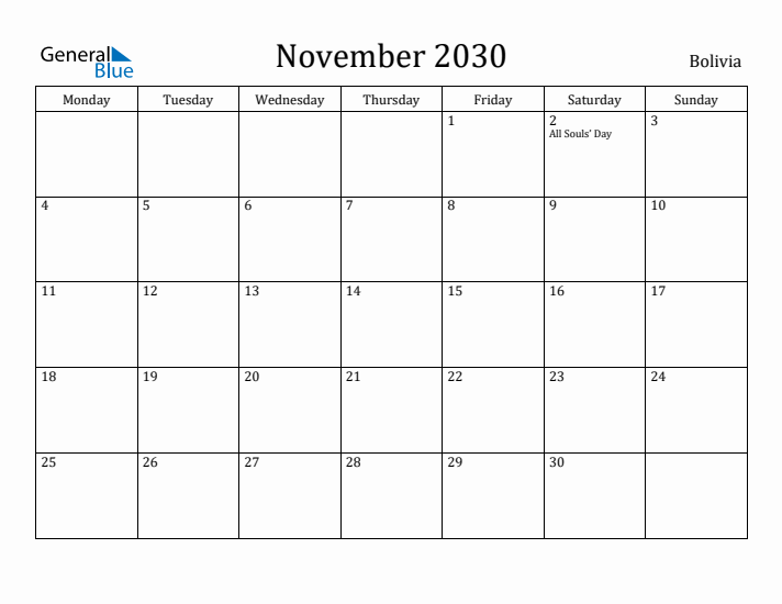 November 2030 Calendar Bolivia
