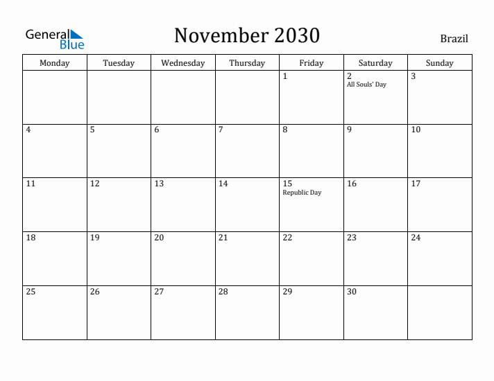 November 2030 Calendar Brazil