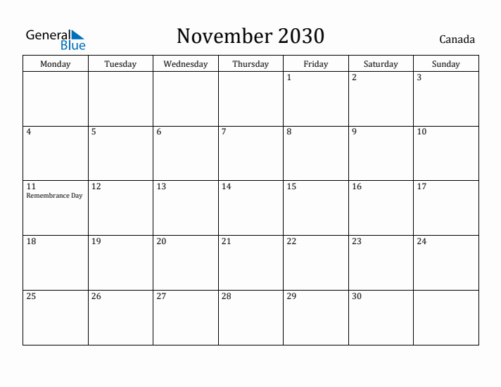 November 2030 Calendar Canada