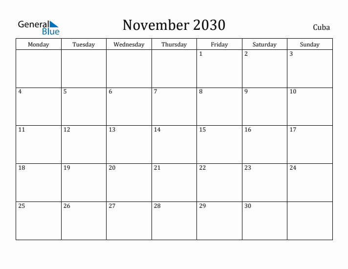 November 2030 Calendar Cuba