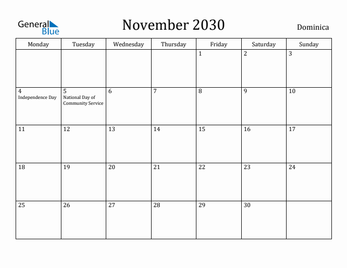 November 2030 Calendar Dominica