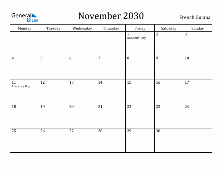November 2030 Calendar French Guiana