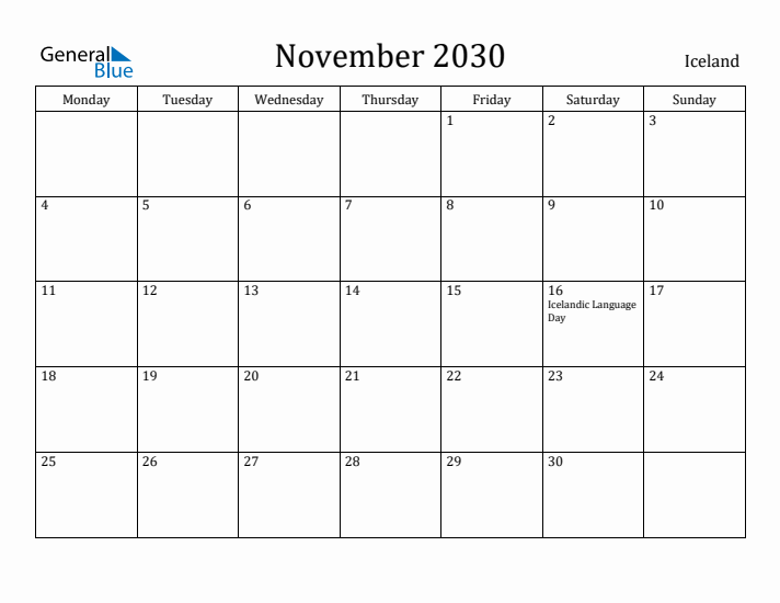 November 2030 Calendar Iceland